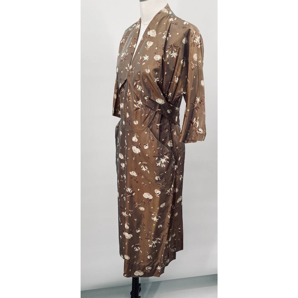 Vintage 40s 50s Floral Satin Sheath Dress V Neck Pockets Cinched Waist Brown 10 - Picture 4 of 12